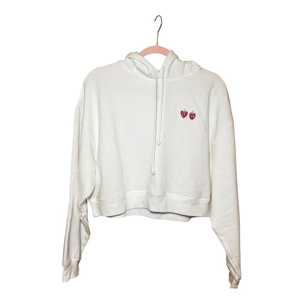 Victoria's Secret PINK Cropped White Hoodie with Strawberries Design L NWT
